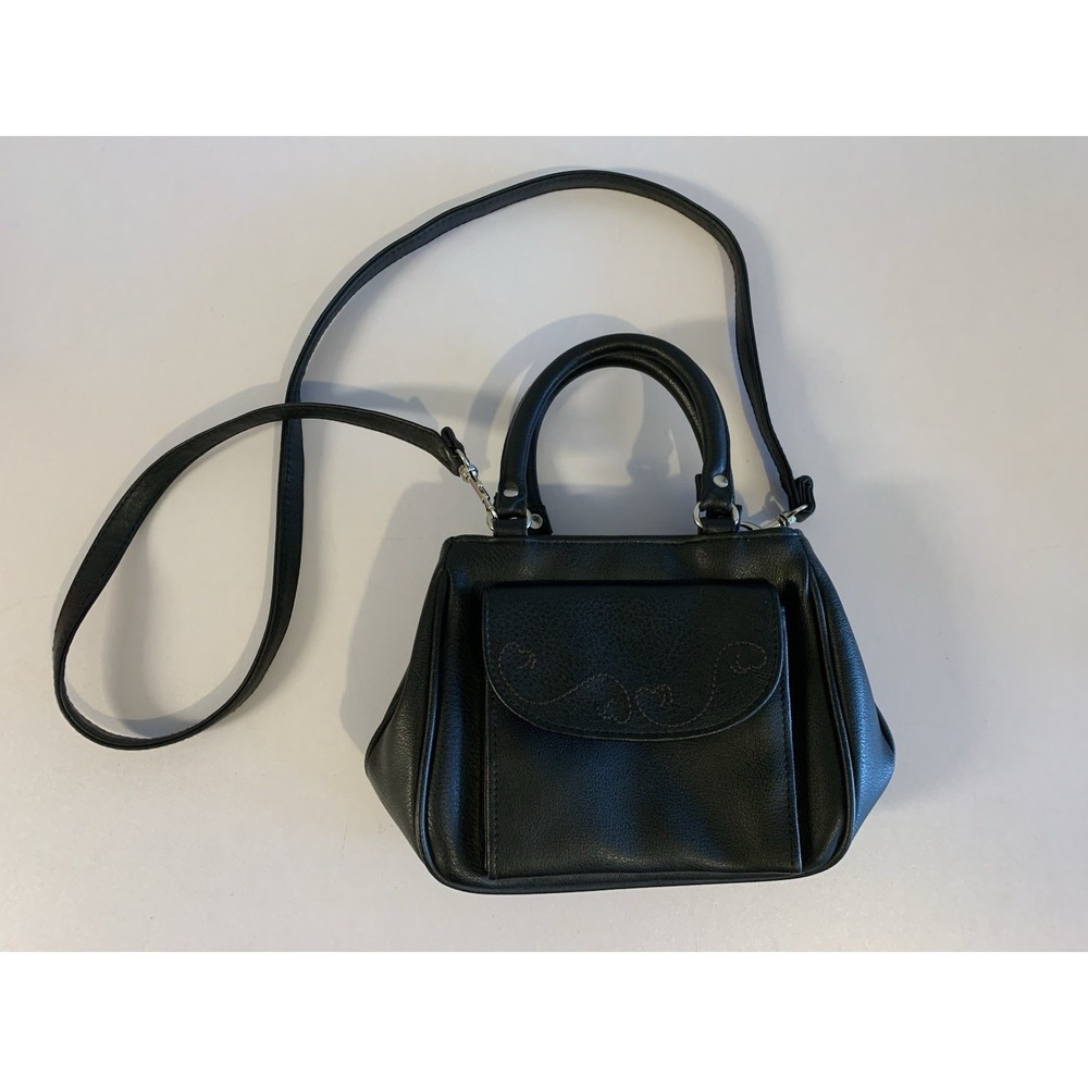 VTG Y2K Mini Bag Heart Embroidered Black Leather Handbag Crossbody 90 Whimsigoth